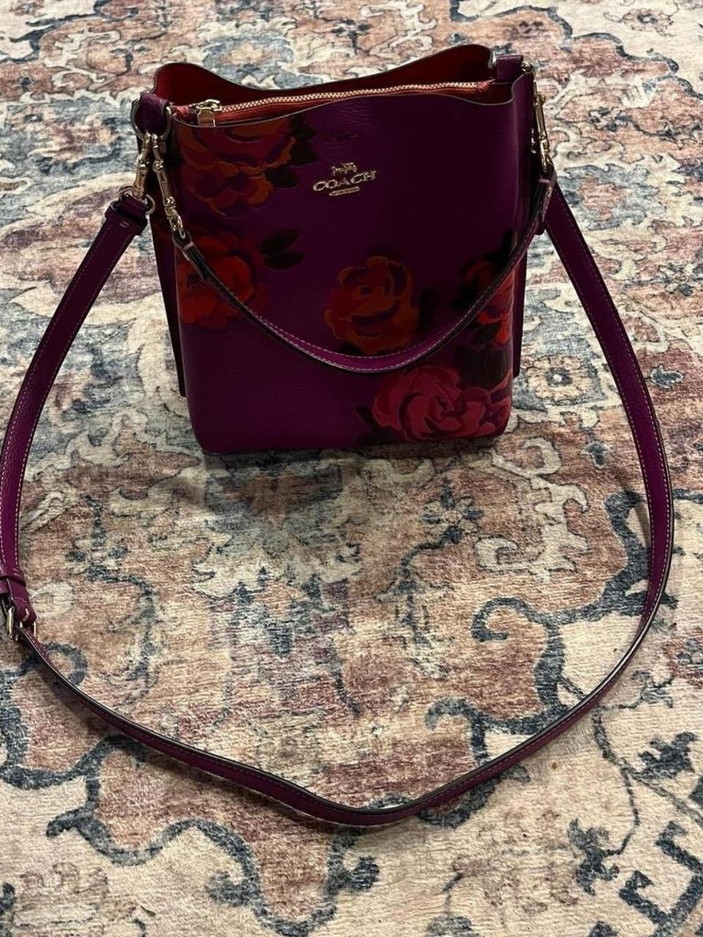 Coach Purple Floral Leather Mollie Bucket Bag - Picture 4 of 8